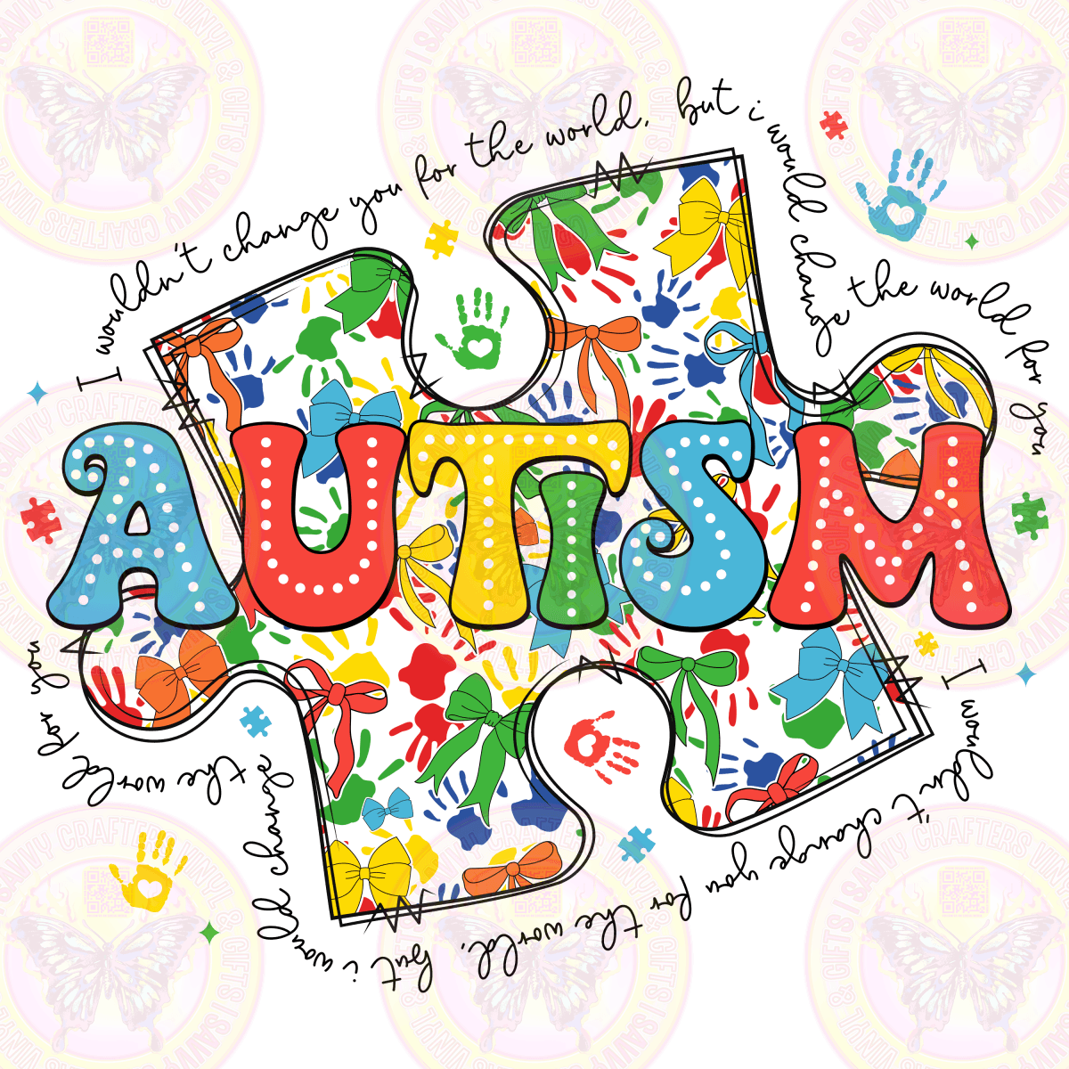 Autism Awareness Puzzle with Bow REady to Press - Savvy Crafters Vinyl & Gifts