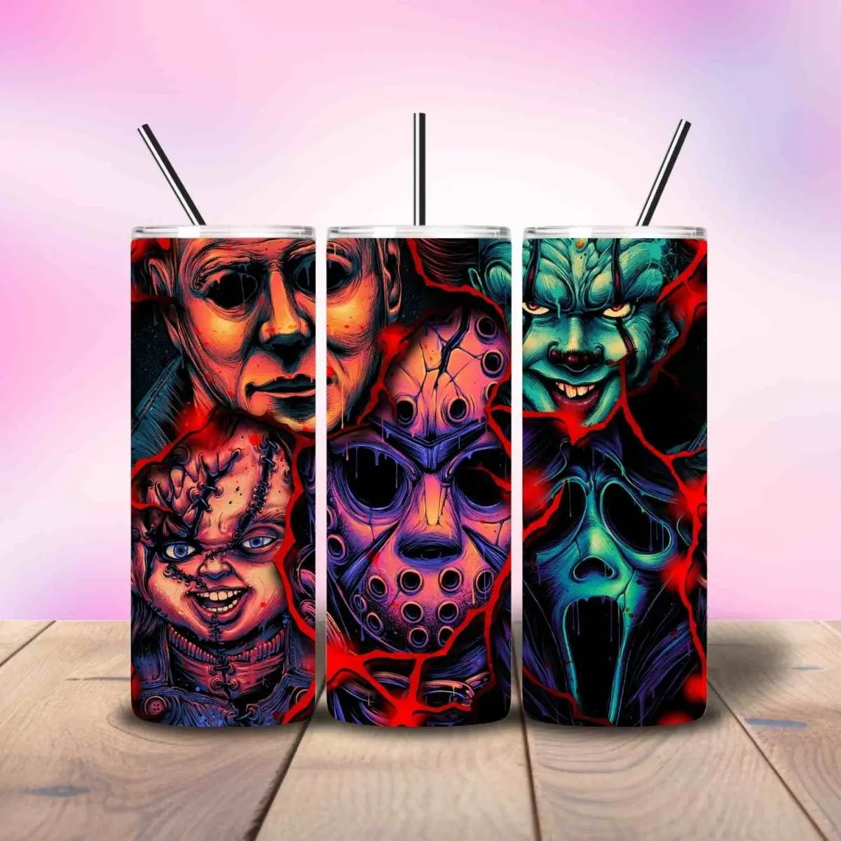 Bloody Cracked Collage of Horror Characters - Fully Completed Tumbler 20oz Skinny - Savvy Crafters Vinyl & Gifts