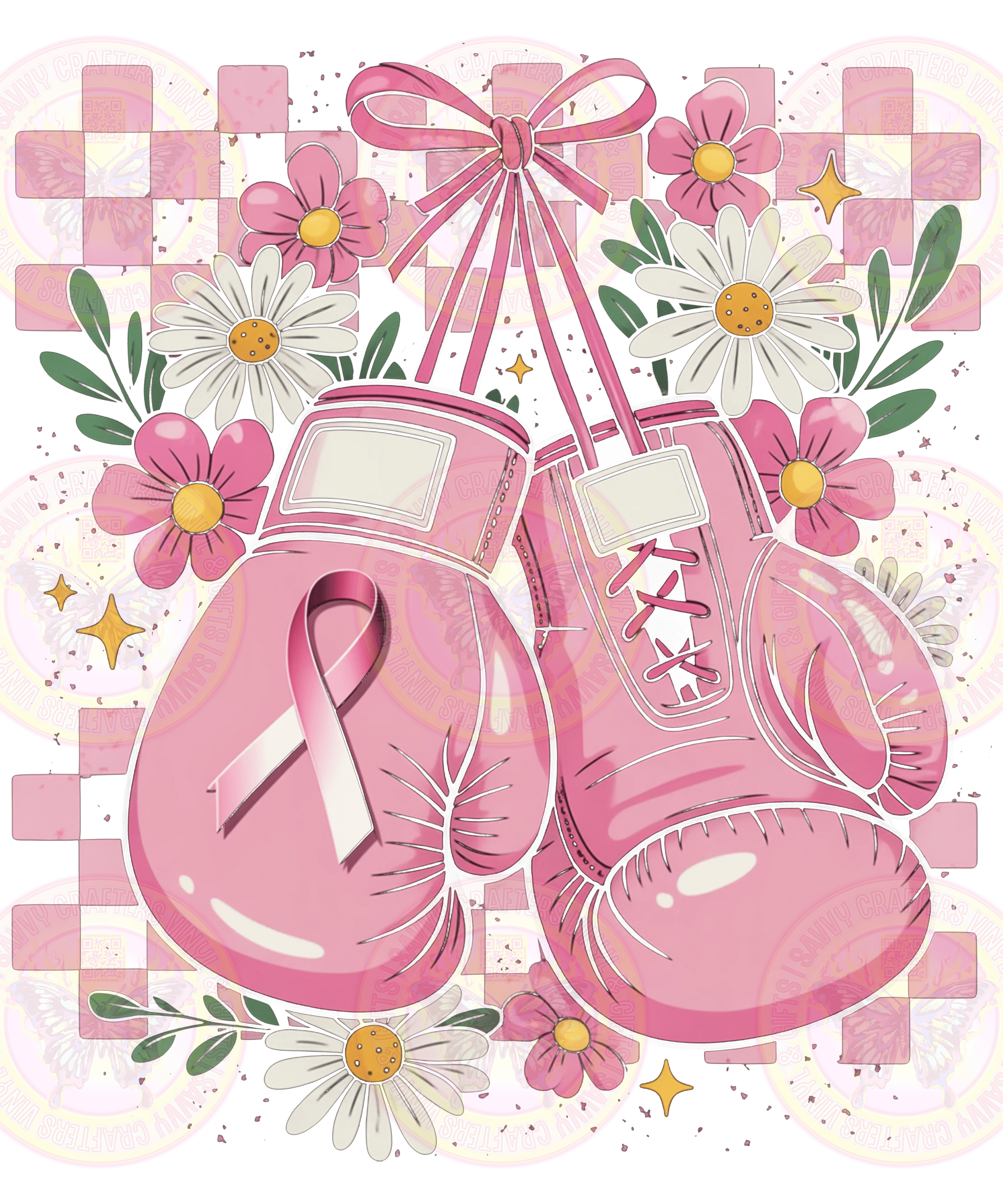 Boxing Gloves Floral Checkered Breast Cancer warrior with Ribbon - Savvy Crafters Vinyl & Gifts
