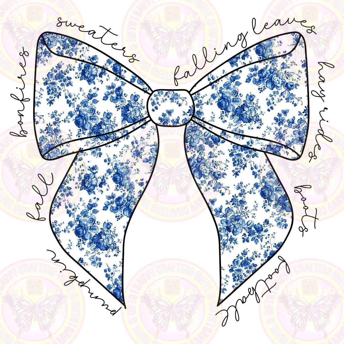 Coquette Chinoiserie Blue Fall Pumpkin with Bow - Savvy Crafters Vinyl & Gifts