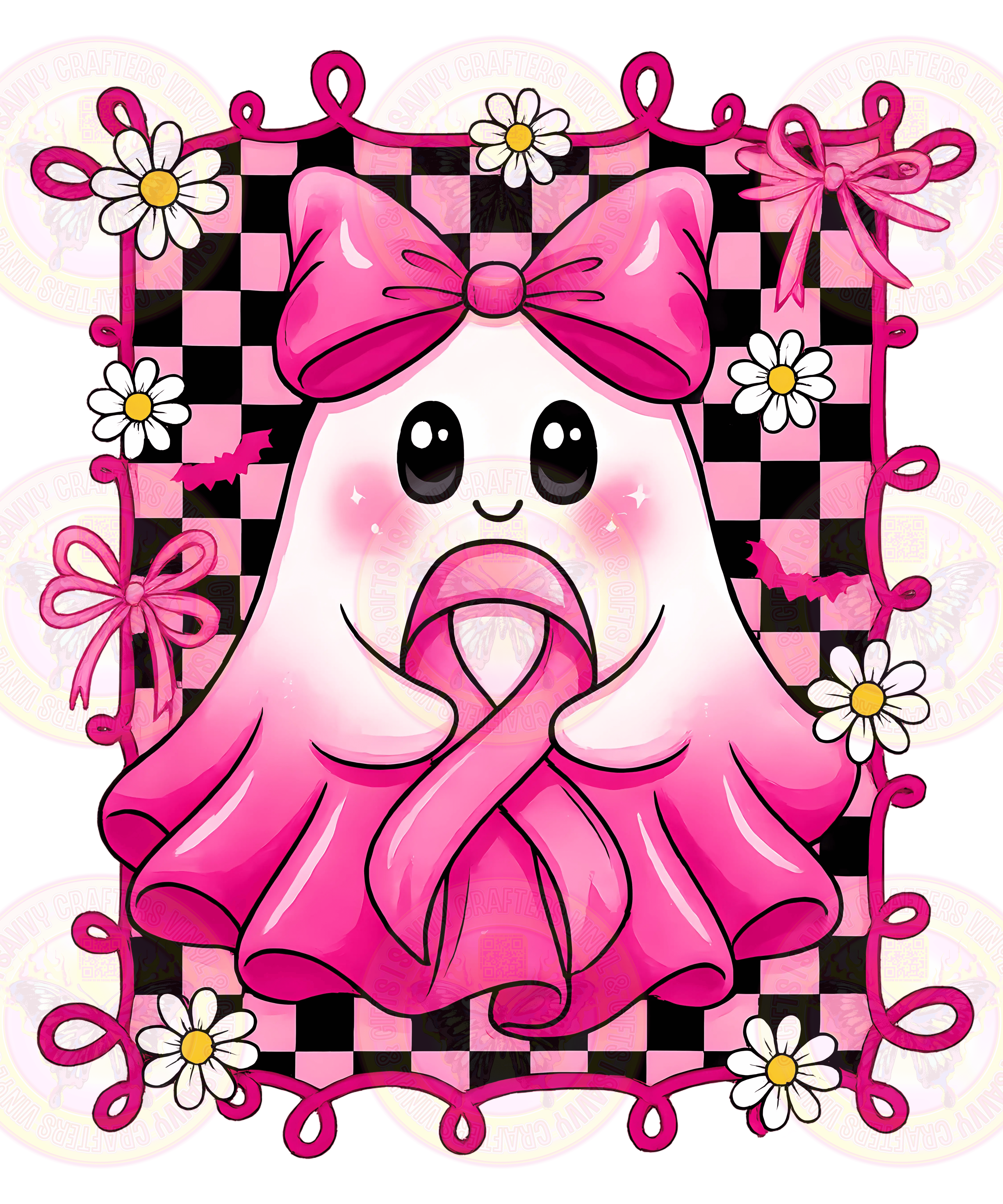 Coquette Doodle Frame - Cute Pink Ghost Breast Cancer Ribbon - Savvy Crafters Vinyl & Gifts