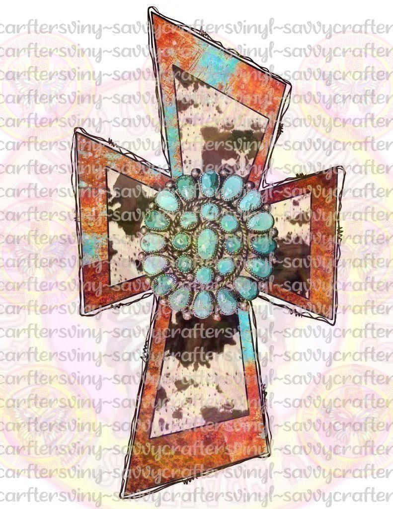 Cowhide Cross with Turquoise - Savvy Crafters Vinyl & Gifts