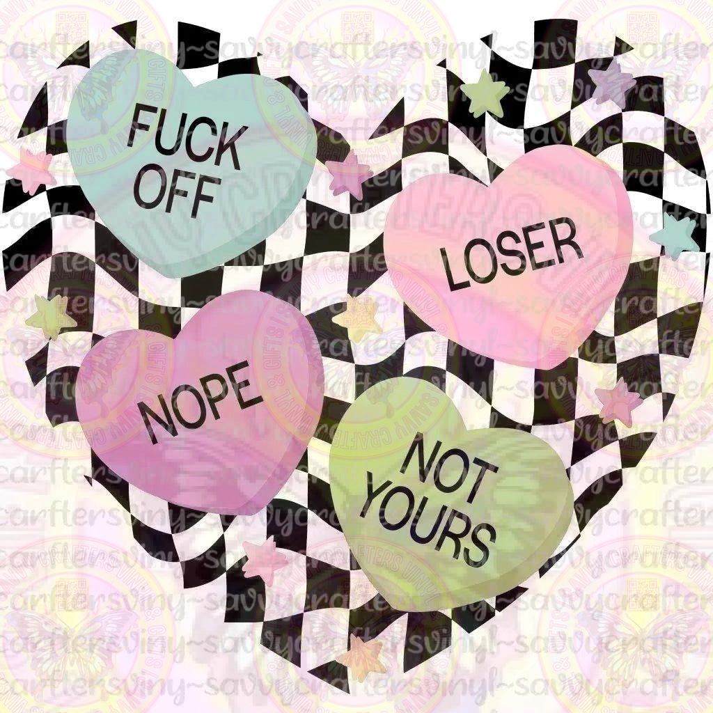 F Off Conversation Hearts on Checkered - Savvy Crafters Vinyl & Gifts