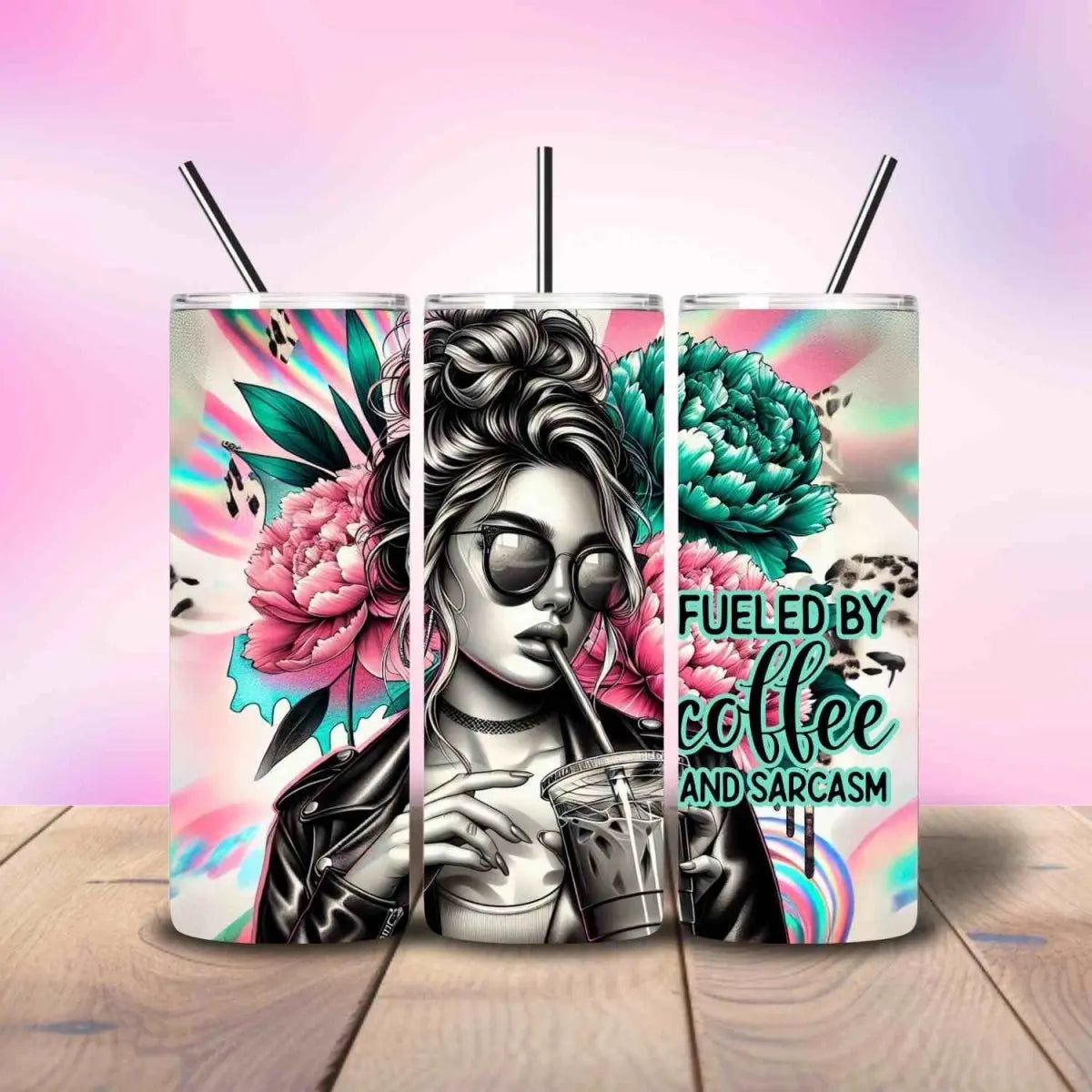 Fueled By Coffee & Sarcasm Stylish - Fully Completed Tumbler Skinny Straight 20/30oz - Savvy Crafters Vinyl & Gifts