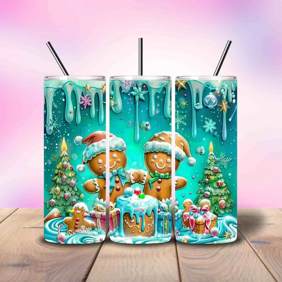 Gingerbread Friends Mint Green/Blue Drip Christmas - Fully Completed Tumbler Skinny Straight 20/30oz - Savvy Crafters Vinyl & Gifts