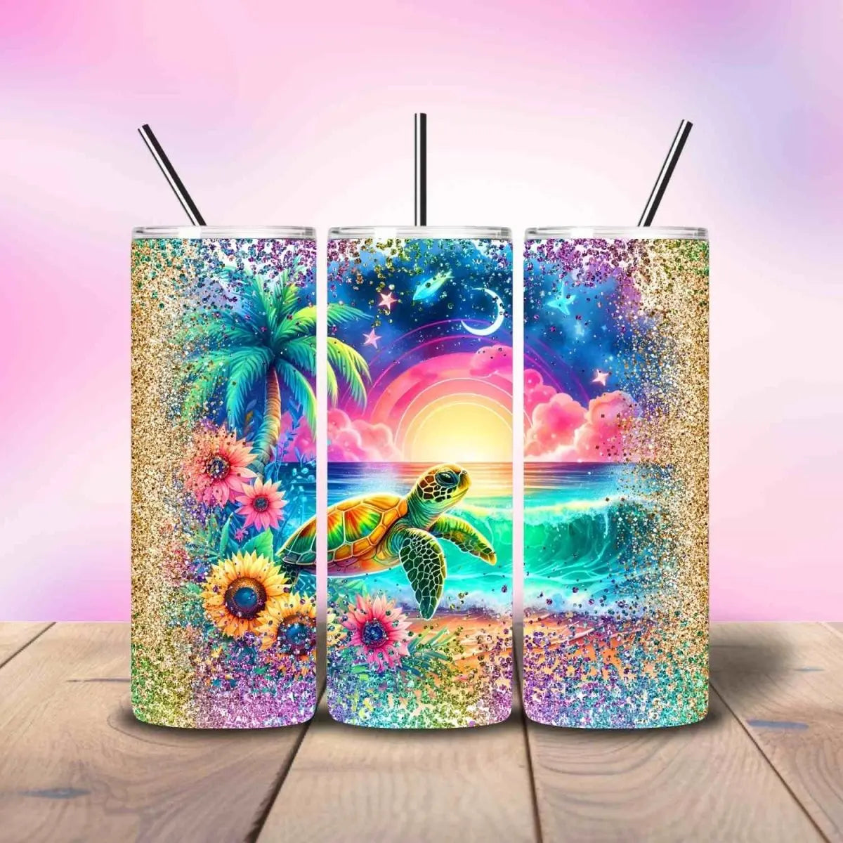 Glitter Turtle Rainbow beach Vibes - Fully Completed Tumbler Skinny Straight 20/30oz - Savvy Crafters Vinyl & Gifts