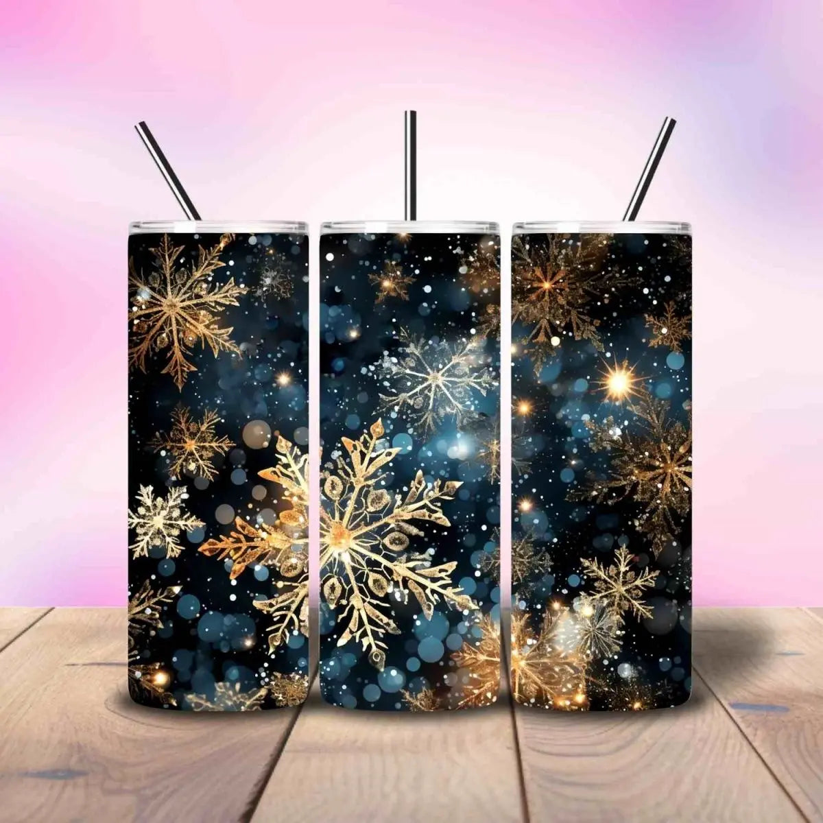 Golden Snowflakes on a Starry Night - Fully Completed Tumbler Skinny Straight 20/30oz - Savvy Crafters Vinyl & Gifts