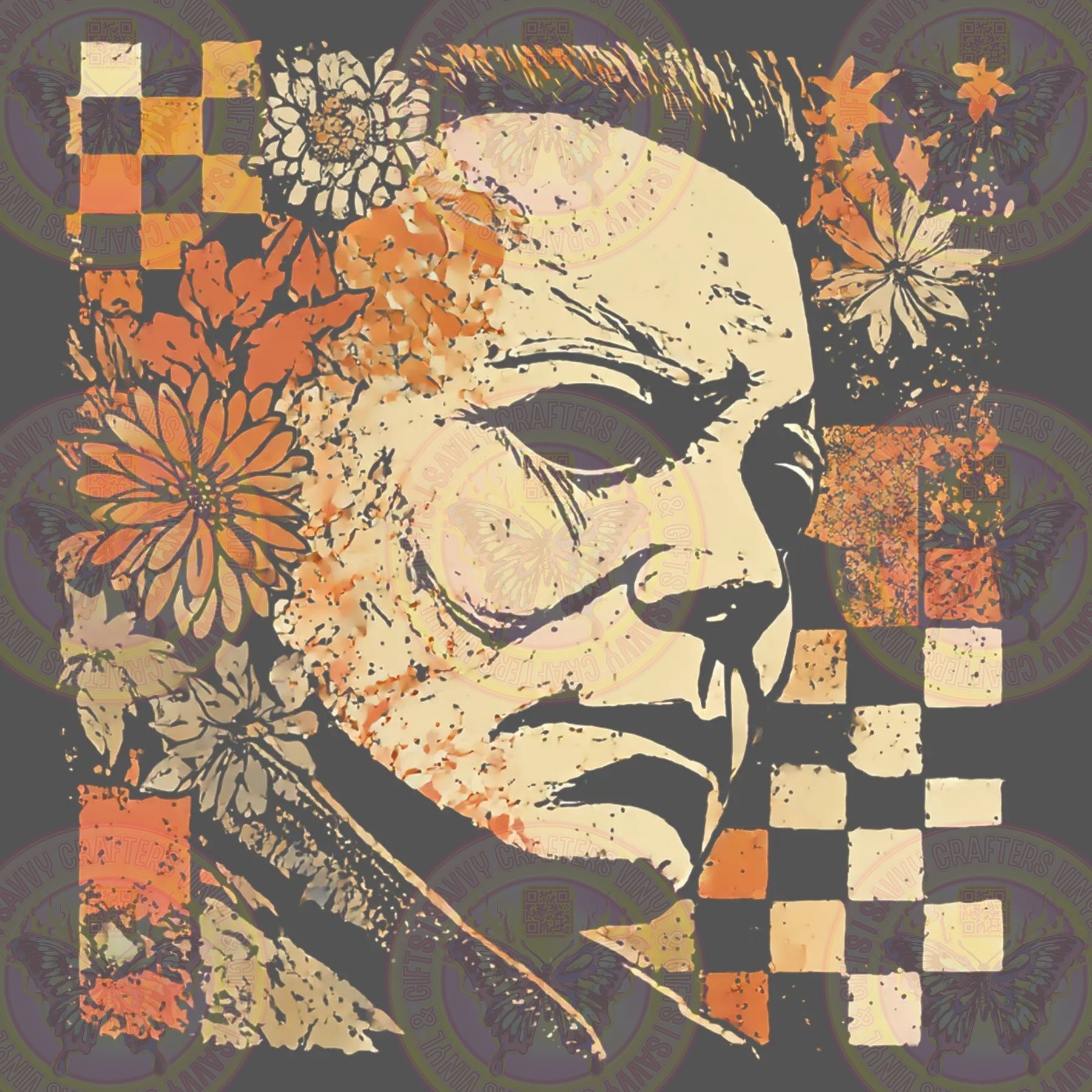 Halloween MM Orange Checkered Floral Fall Colors - Savvy Crafters Vinyl & Gifts