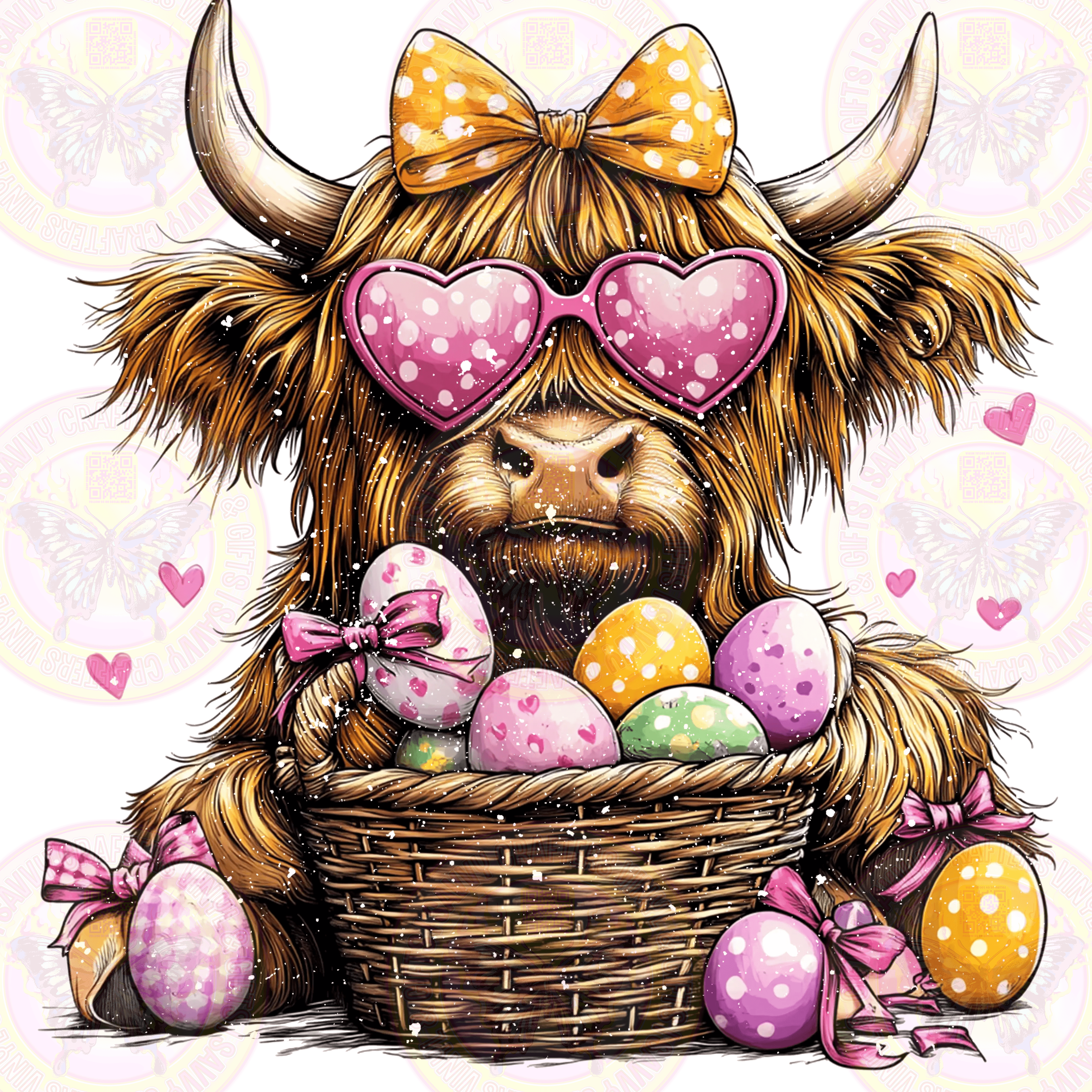 Highland Cow Easter Basket Colorful Eggs - Savvy Crafters Vinyl & Gifts