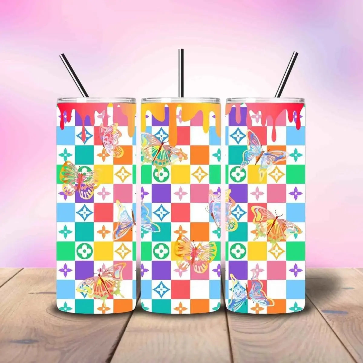 LV Rainbow Butterfly Inspired - Fully Completed Tumbler Skinny Straight 20/30oz - Savvy Crafters Vinyl & Gifts