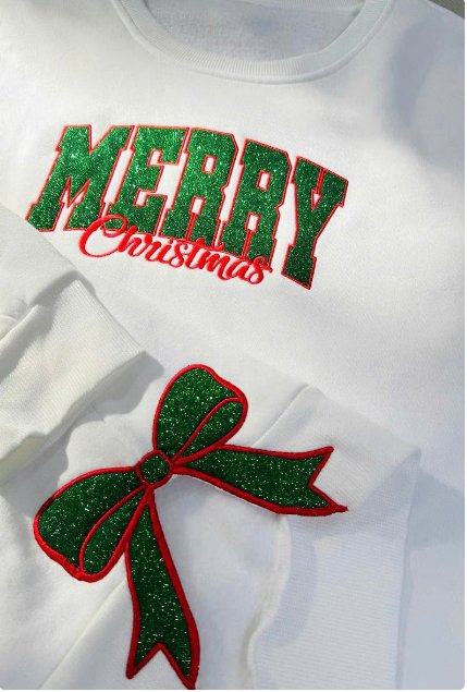 Merry Christmas Green Glitter Embroidered Bow Sweatshirt - Savvy Crafters Vinyl & Gifts