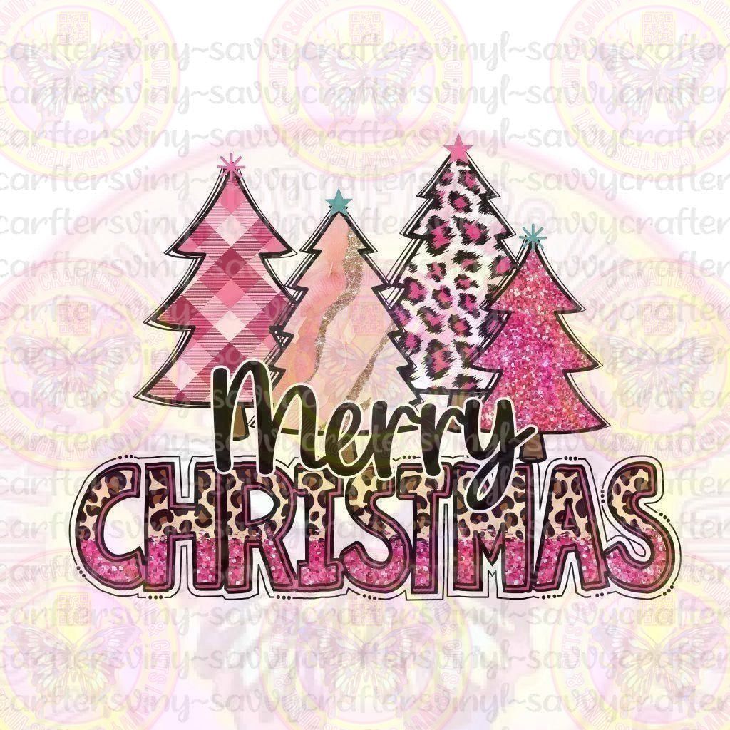 Merry Christmas Trees Pink Leopard - Savvy Crafters Vinyl & Gifts