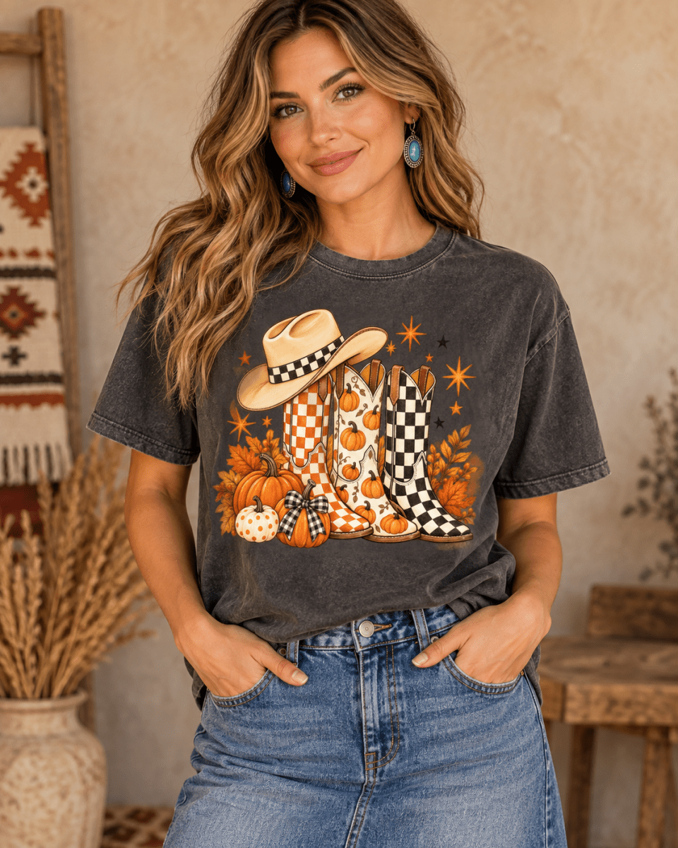 Pumpkin Patch Cowboy Boots Tee - Savvy Crafters Vinyl & Gifts