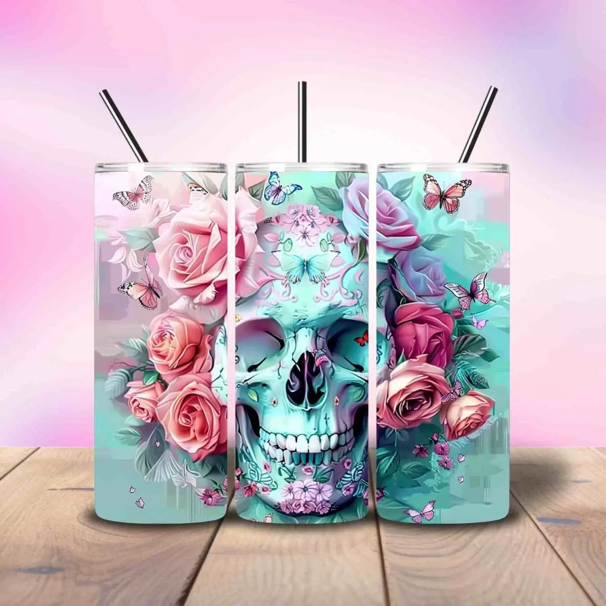 Romantic Sugar Skull Mint Blue Butterfly - Fully Completed Tumbler Skinny Straight 20/30oz - Savvy Crafters Vinyl & Gifts