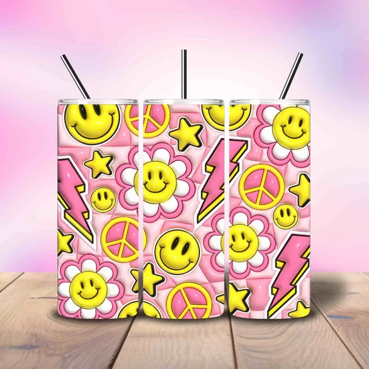 Smiley Face Hippy Pink & Yellow Spirit - Fully Completed Tumbler Skinny Straight 20/30oz - Savvy Crafters Vinyl & Gifts