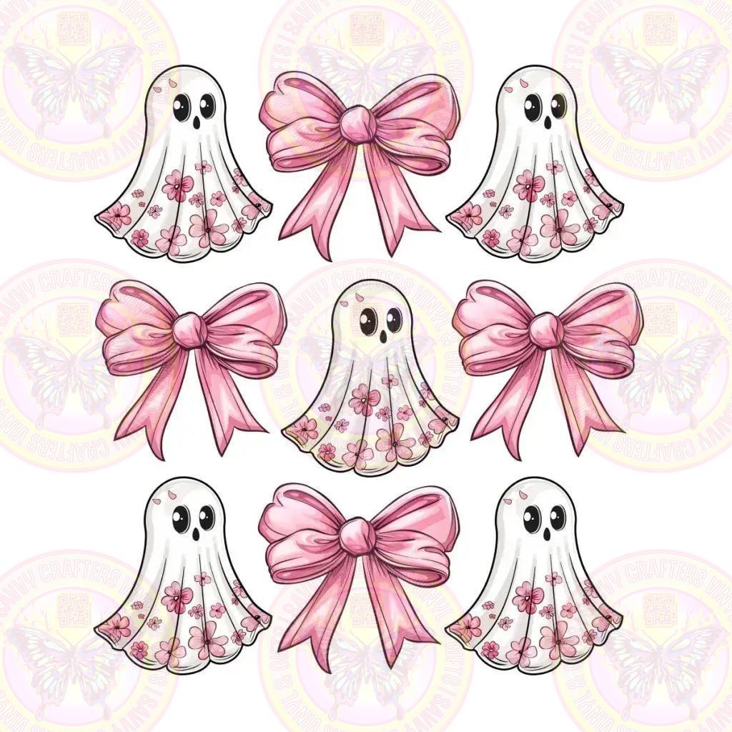Spooky Coquette Pink Checkered Ghost and Bows - Savvy Crafters Vinyl & Gifts