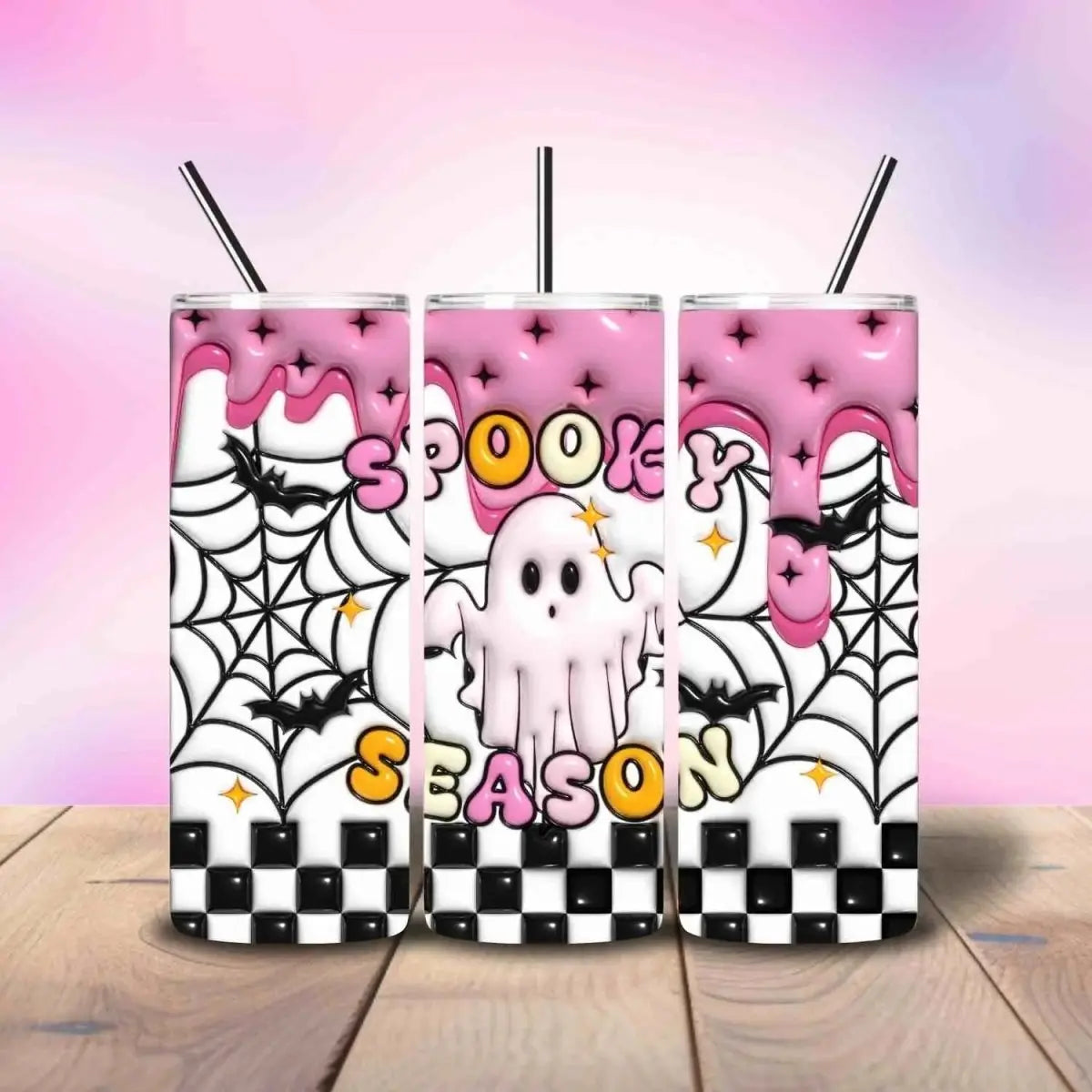 Spooky Ghost Checkered Puffy - Fully Completed Tumbler Skinny Straight 20/30oz - Savvy Crafters Vinyl & Gifts