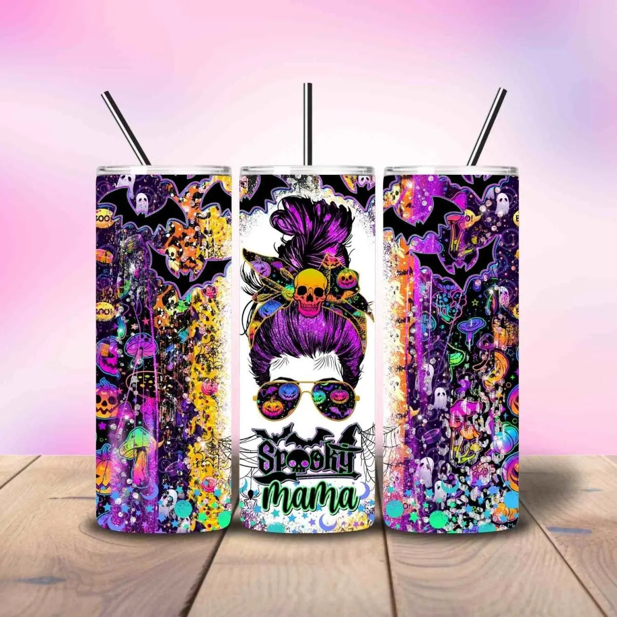 Spooky Mama BunHead & Bats - Fully Completed Tumbler Skinny Straight 20/30oz - Savvy Crafters Vinyl & Gifts