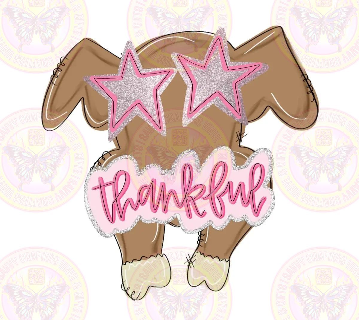 Thankful Fun Pink Text Starry Turkey Transfer - Savvy Crafters Vinyl & Gifts