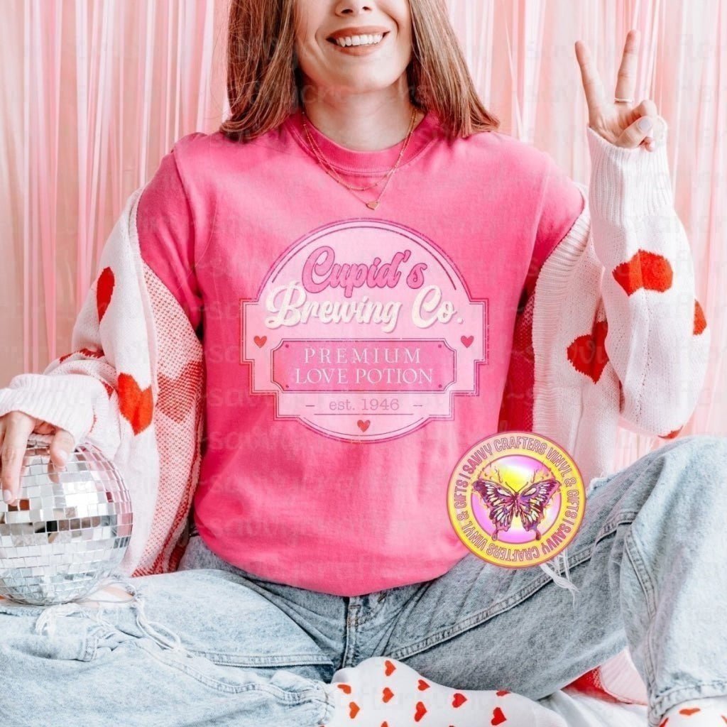 Cupid's Brewing - Comfort Color Tee - Crunchberry - Savvy Crafters Vinyl & Gifts