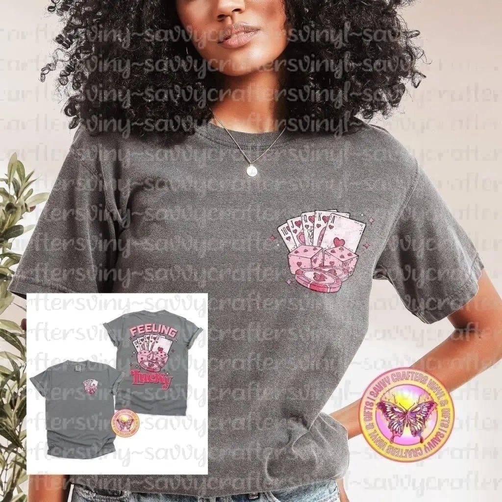Feeling Lucky Back & Pocket - Comfort Color Tee - Savvy Crafters Vinyl & Gifts