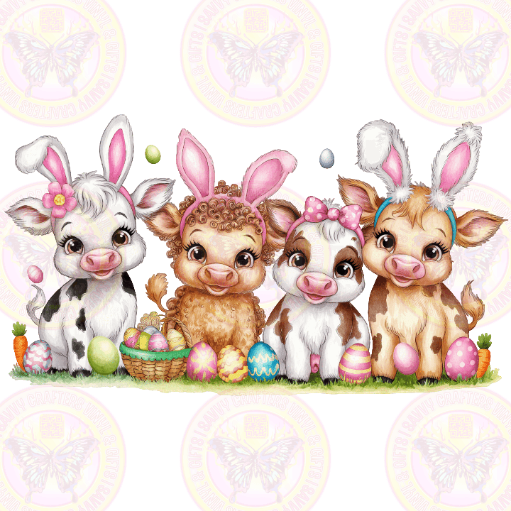 4 Cartoon Highland Cows Easter painted Eggs & Baskets - Savvy Crafters Vinyl & Gifts