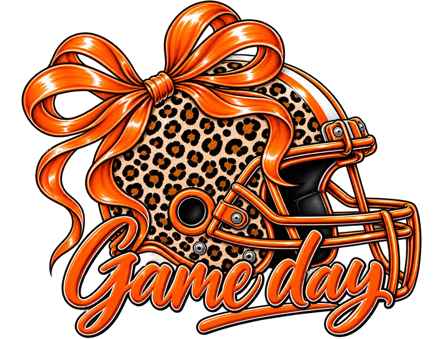 A stylized football helmet graphic with a leopard-print pattern, a large orange ribbon bow, and the words 'Game day' in orange script on a black background.