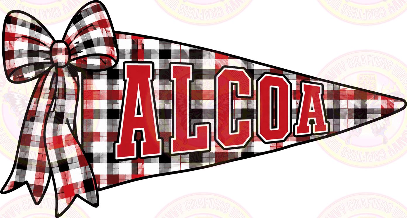 A triangular pennant banner with a red, black, and white plaid pattern, featuring the word 'ALCOA' in large red block letters with white outlines. A matching plaid bow is attached on the left side, all outlined in black against a plain white background.
