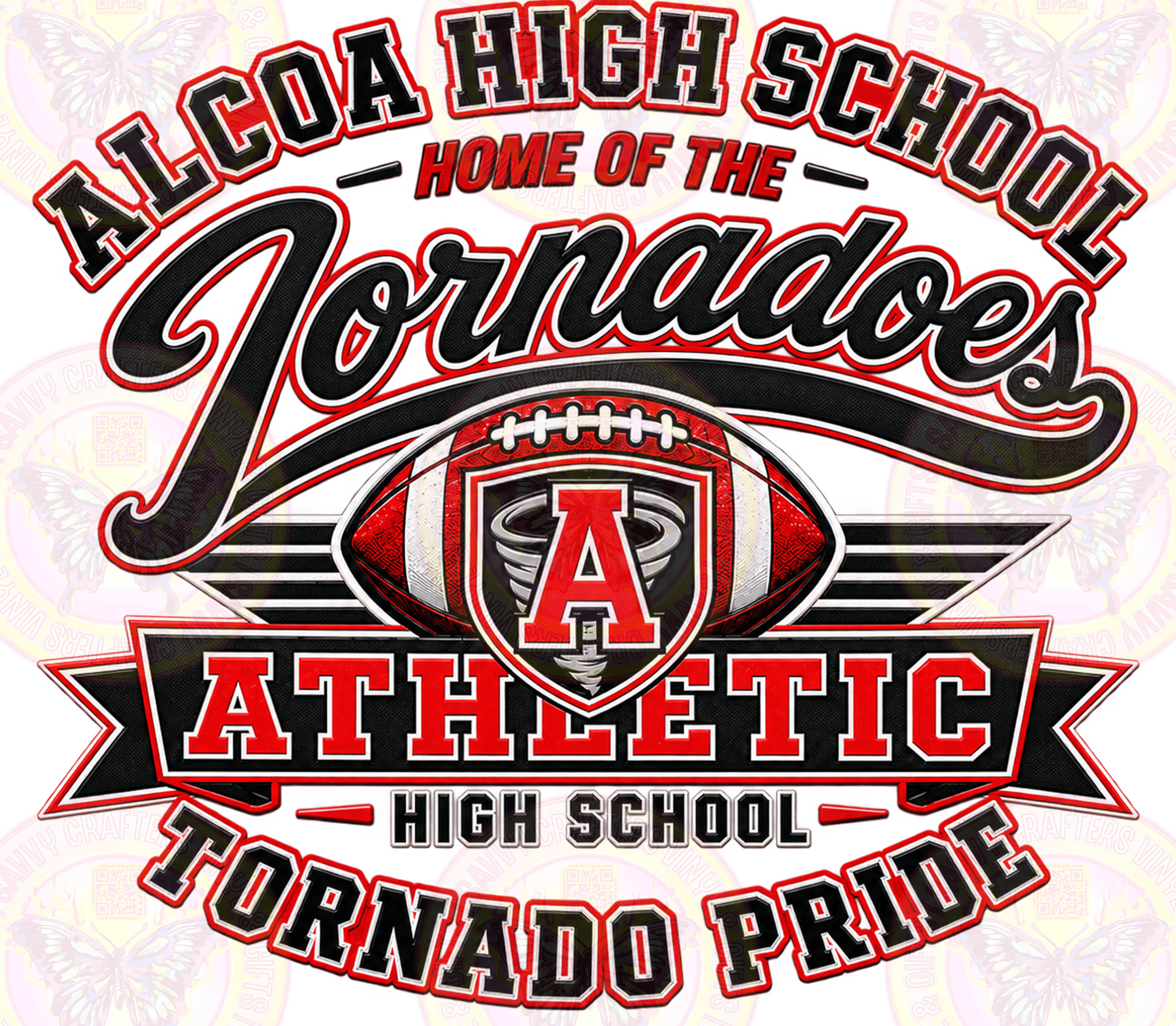 Alcoa High School athletic graphic featuring the words 'Home of the Tornadoes' and 'Athletic High School Tornado Pride' in red, black, and white, with a football and shield emblem in the center.