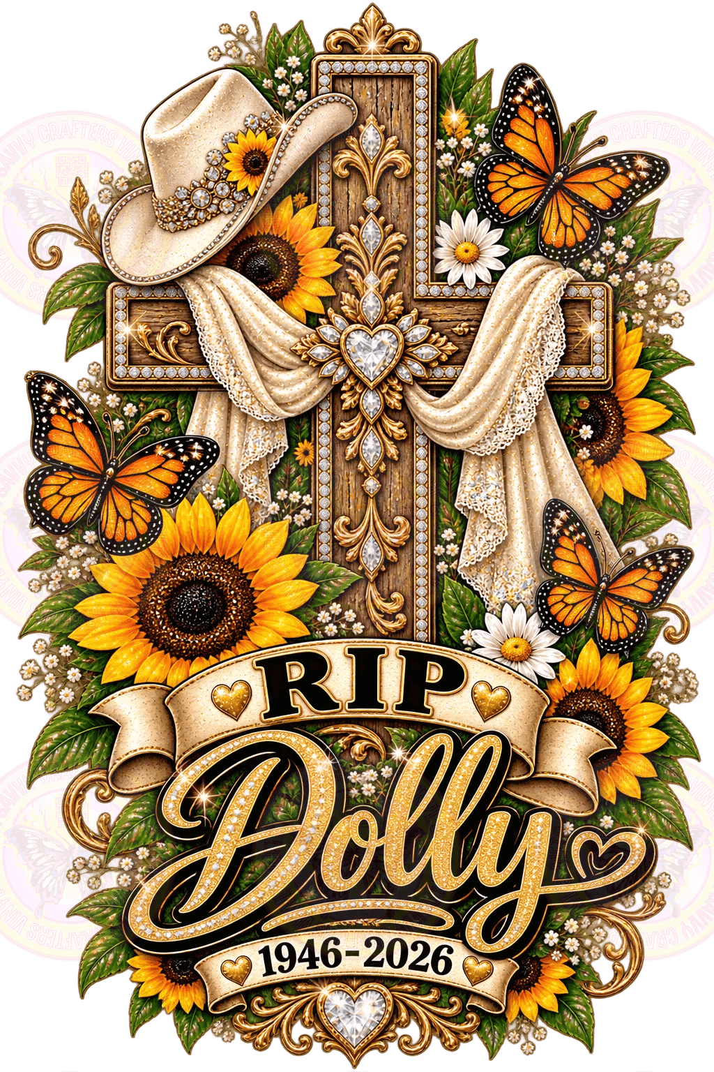 A decorative memorial-style graphic featuring a cross draped with white fabric, surrounded by sunflowers, butterflies, white flowers, and a cowboy hat. Large script text reads “RIP Dolly 1946-2026.
