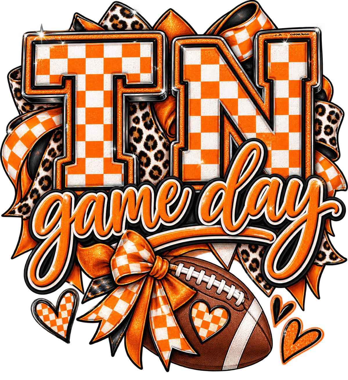 A festive Tennessee 'TN' game day graphic featuring orange and white checkered and leopard-print bows, a football, and the words 'TN game day' in orange script, isolated on a black background.