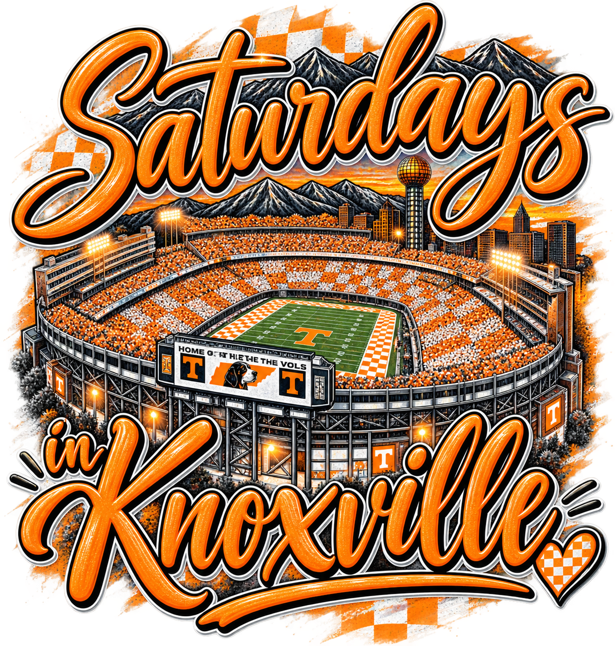 A stylized illustrated graphic featuring a packed Tennessee football stadium with large orange script text reading 'Saturdays in Knoxville' over an orange-and-white checkered stadium scene and mountains in the background.