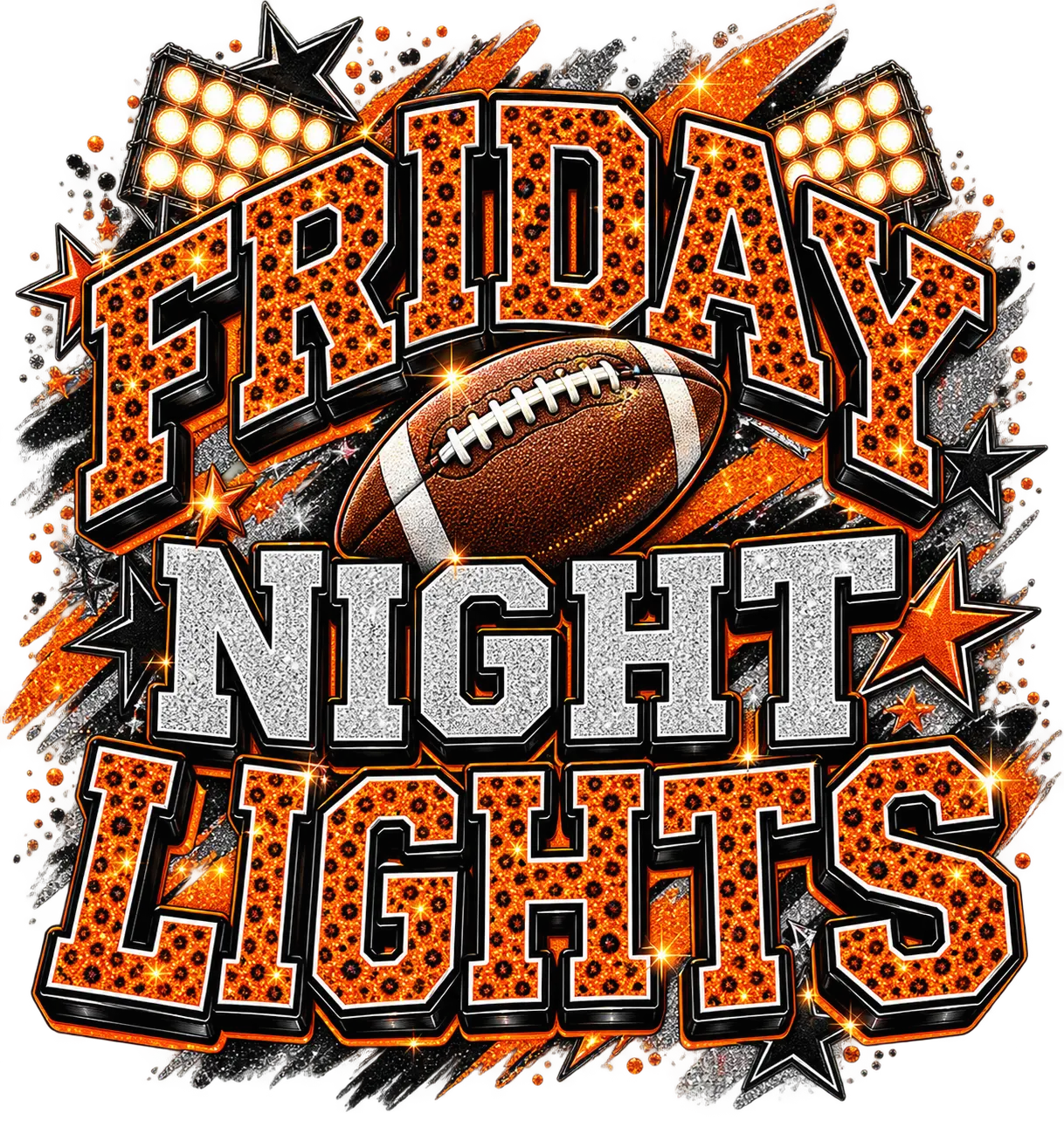 A digital graphic design featuring the text 'FRIDAY NIGHT LIGHTS' in a sports theme. The words 'FRIDAY' and 'LIGHTS' are styled in orange and black perforated foam lettering, while 'NIGHT' is in silver glitter block letters.