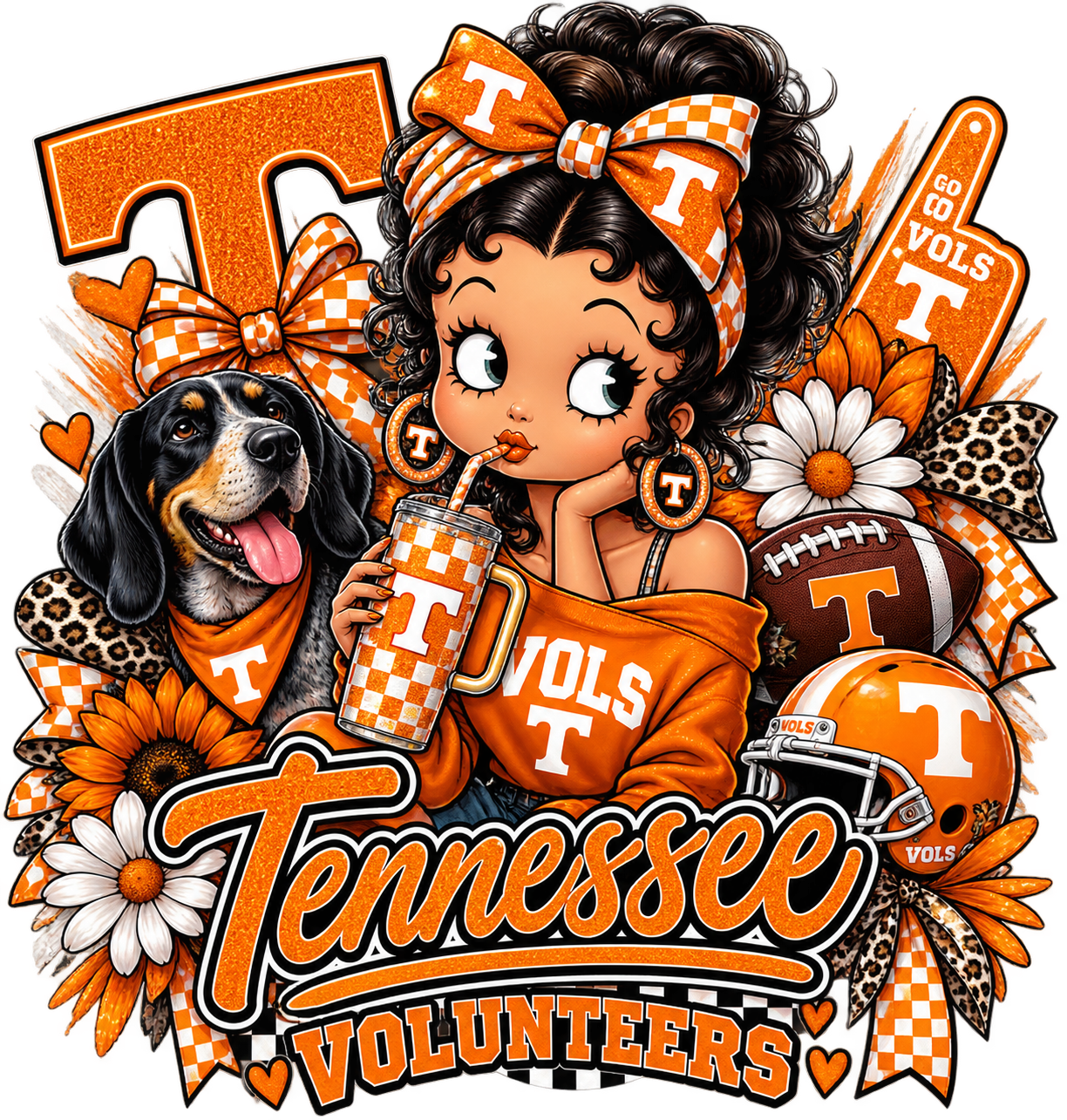 A colorful Tennessee Volunteers graphic design featuring a cartoon girl with a checkered orange and white bow, a black-and-white dog, a football, a helmet, flowers, and large 'Tennessee Volunteers' text on a white background.