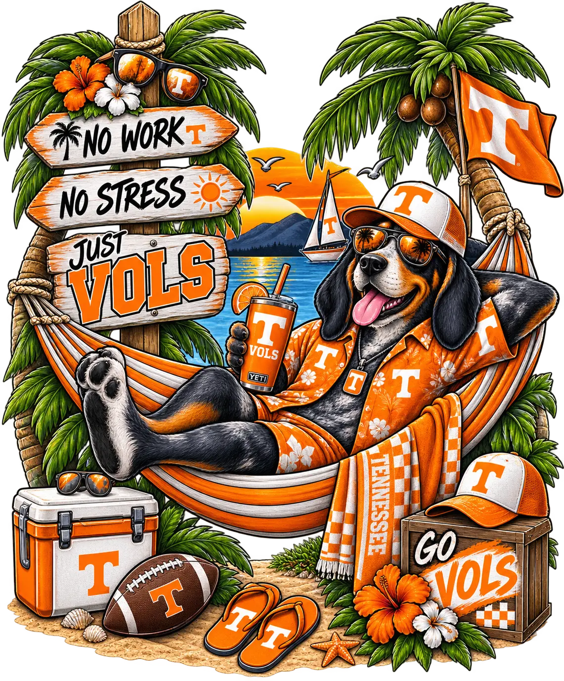A colorful cartoon graphic of a Texas Volunteers dog lounging in a hammock by a beach, wearing an orange and white checkered robe and cap with 'T' sunglasses. The scene includes palm trees, a sign reading 'NO WORK, NO STRESS, JUST VOLS', a cooler, football, slippers, and a crate with a 'GO VOLS' sign.