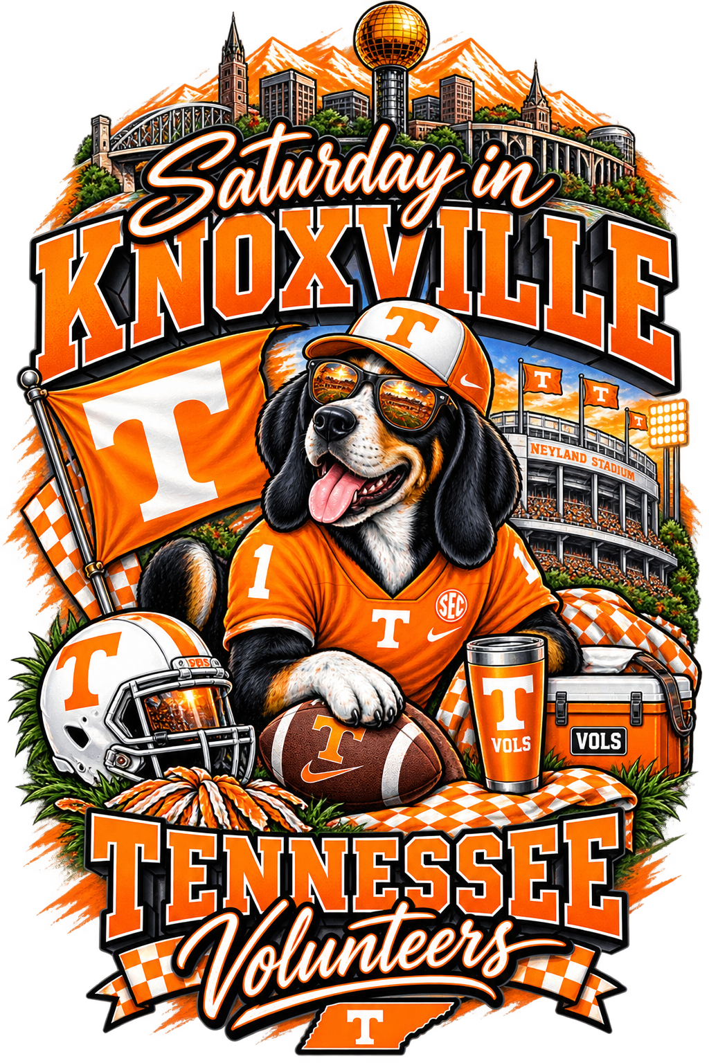 A colorful graphic design celebrating 'Saturday in Knoxville' with Tennessee Volunteers branding. The illustration features a beagle dog dressed as a football player in an orange jersey and cap, surrounded by a football helmet, football, cooler, flag, and stadium background with mountains and a bridge.