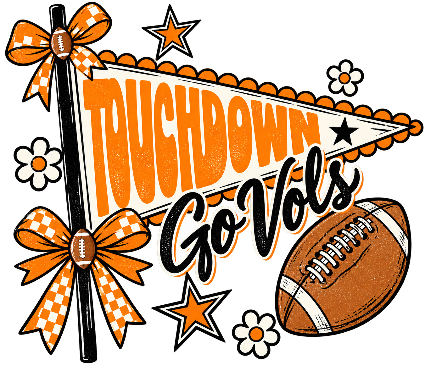 A sports graphic design featuring a pennant flag with the words 'TOUCHDOWN GoVols' in orange and black, decorated with orange and white checkered bows, footballs, stars, and daisies on a white background.