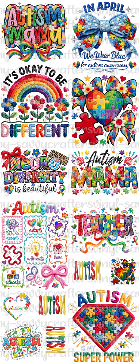 Autism Faux Yarn DTF Gang Sheet - Savvy Crafters Vinyl & Gifts
