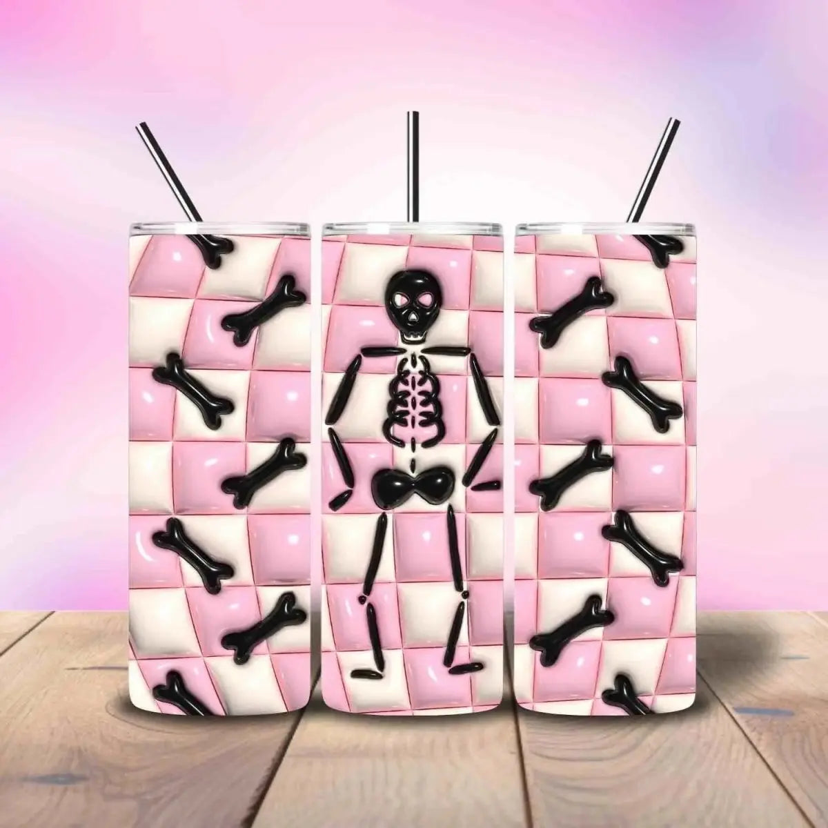 Black Skeleton Bones Puffy Checkered - Fully Completed Tumbler Skinny Straight 20/30oz - Savvy Crafters Vinyl & Gifts