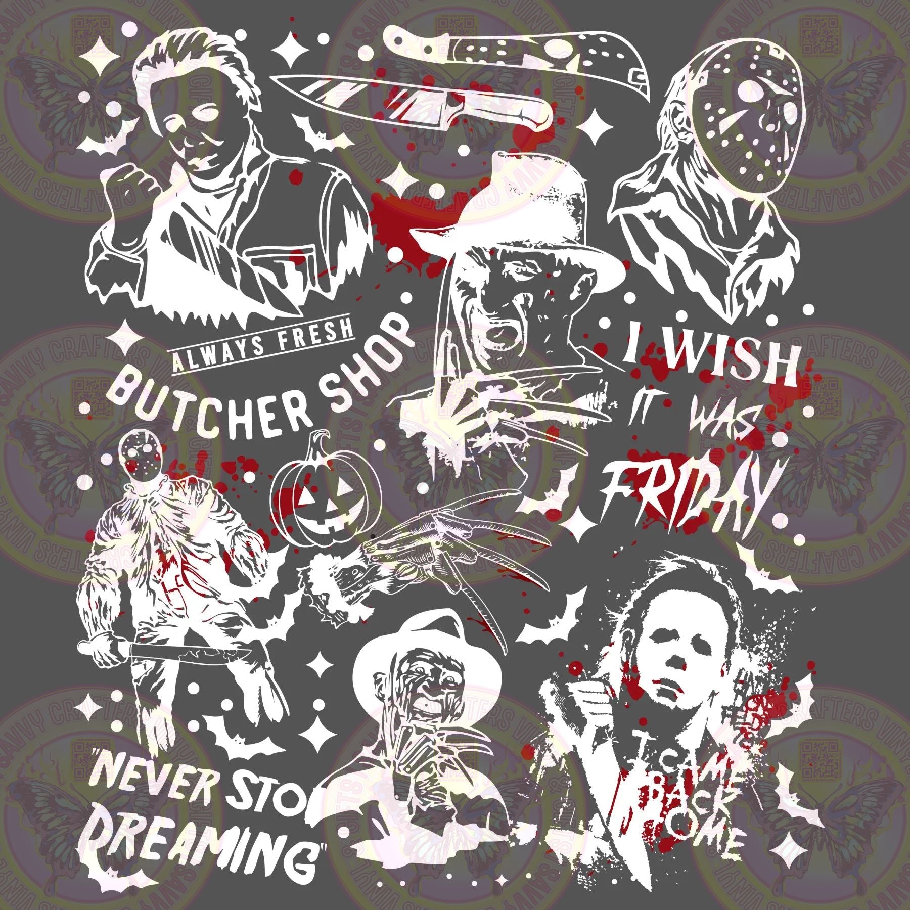 Bloody Slasher Collage of Icons - White Version - Savvy Crafters Vinyl & Gifts