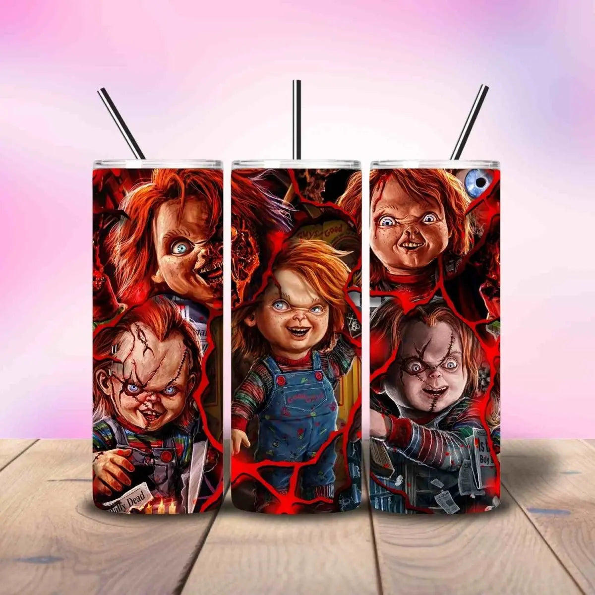 Chucky Inspired Bloody Cracked Collage Horror - Fully Completed Tumbler Skinny Straight 20/30oz - Savvy Crafters Vinyl & Gifts