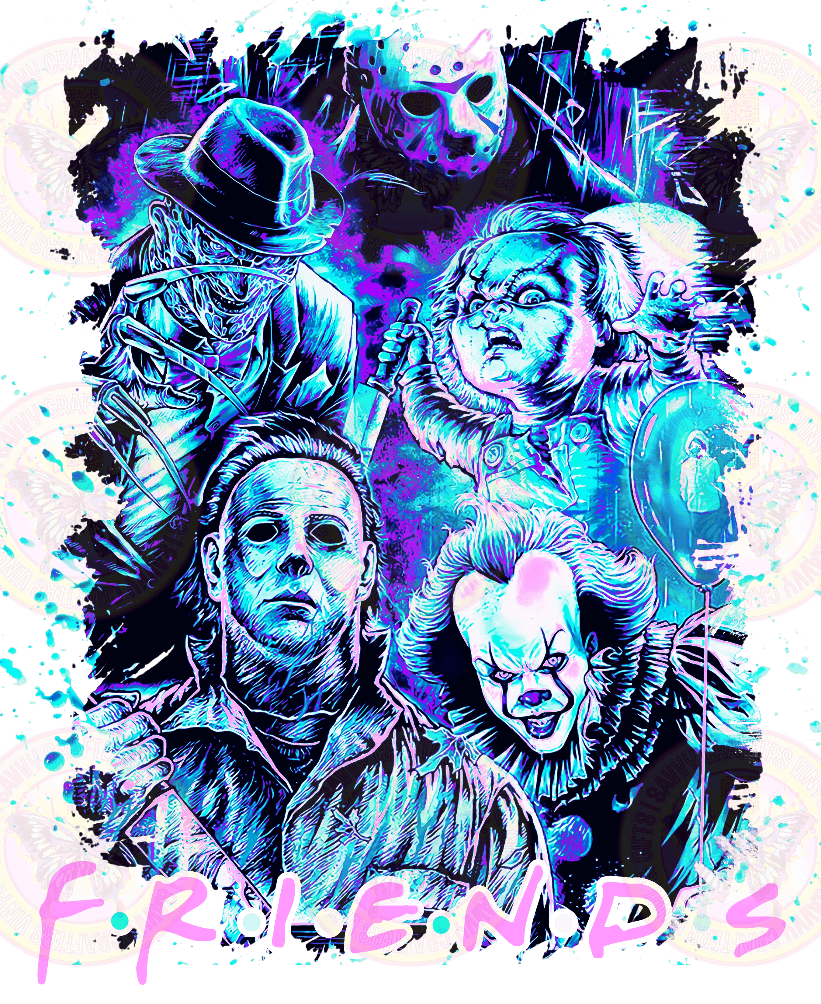 Faux Neon reup of Horror icons Friends Collage - Savvy Crafters Vinyl & Gifts
