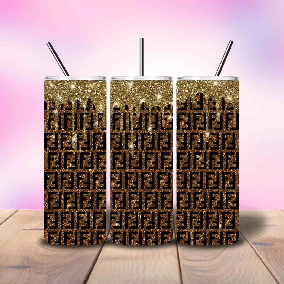 Fendi Inspired Gold Glitter Drip - Fully Completed Tumbler Skinny Straight 20/30oz - Savvy Crafters Vinyl & Gifts