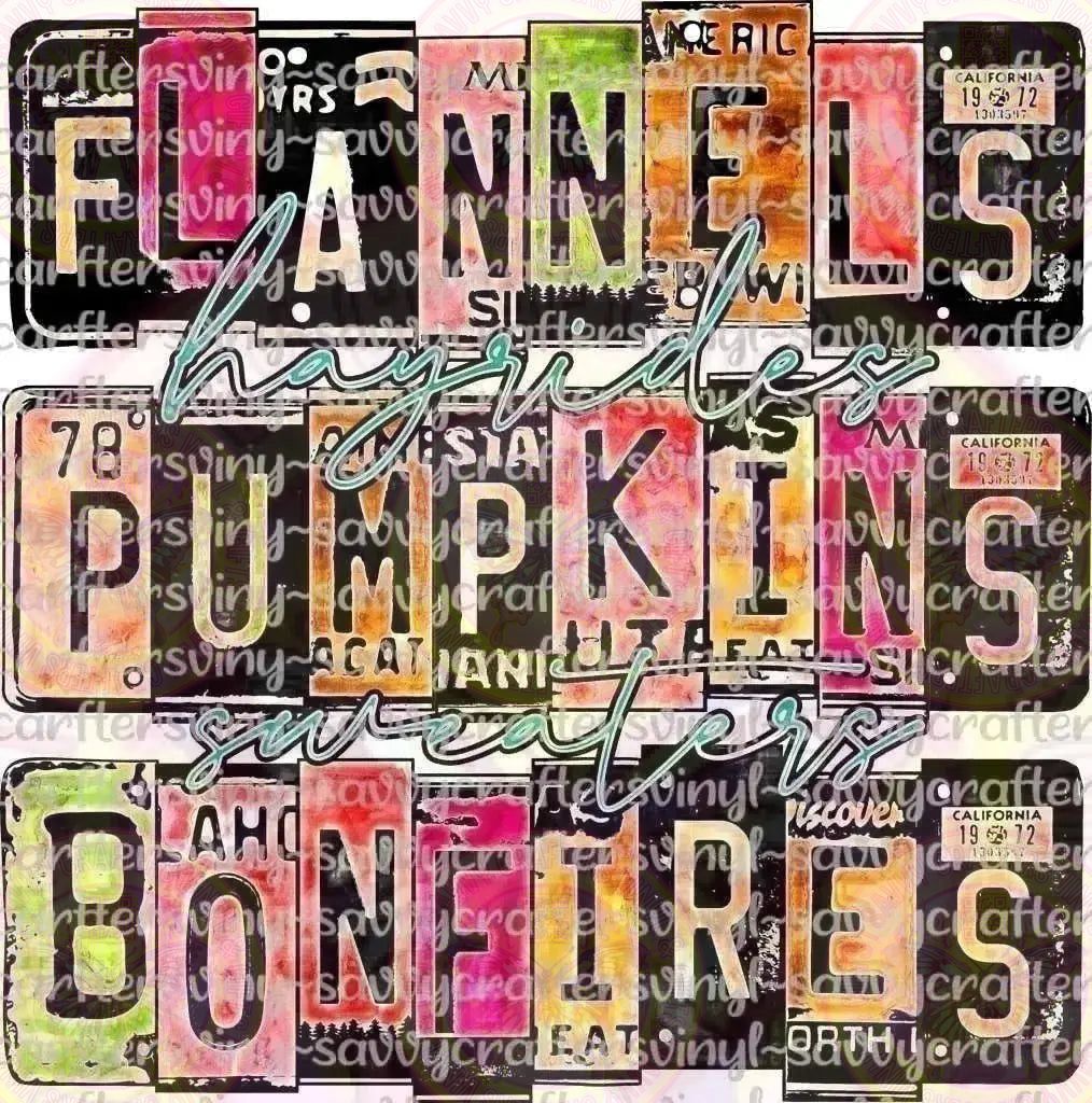 Flannels Pumpkins and Bonfires license plate letters - Savvy Crafters Vinyl & Gifts