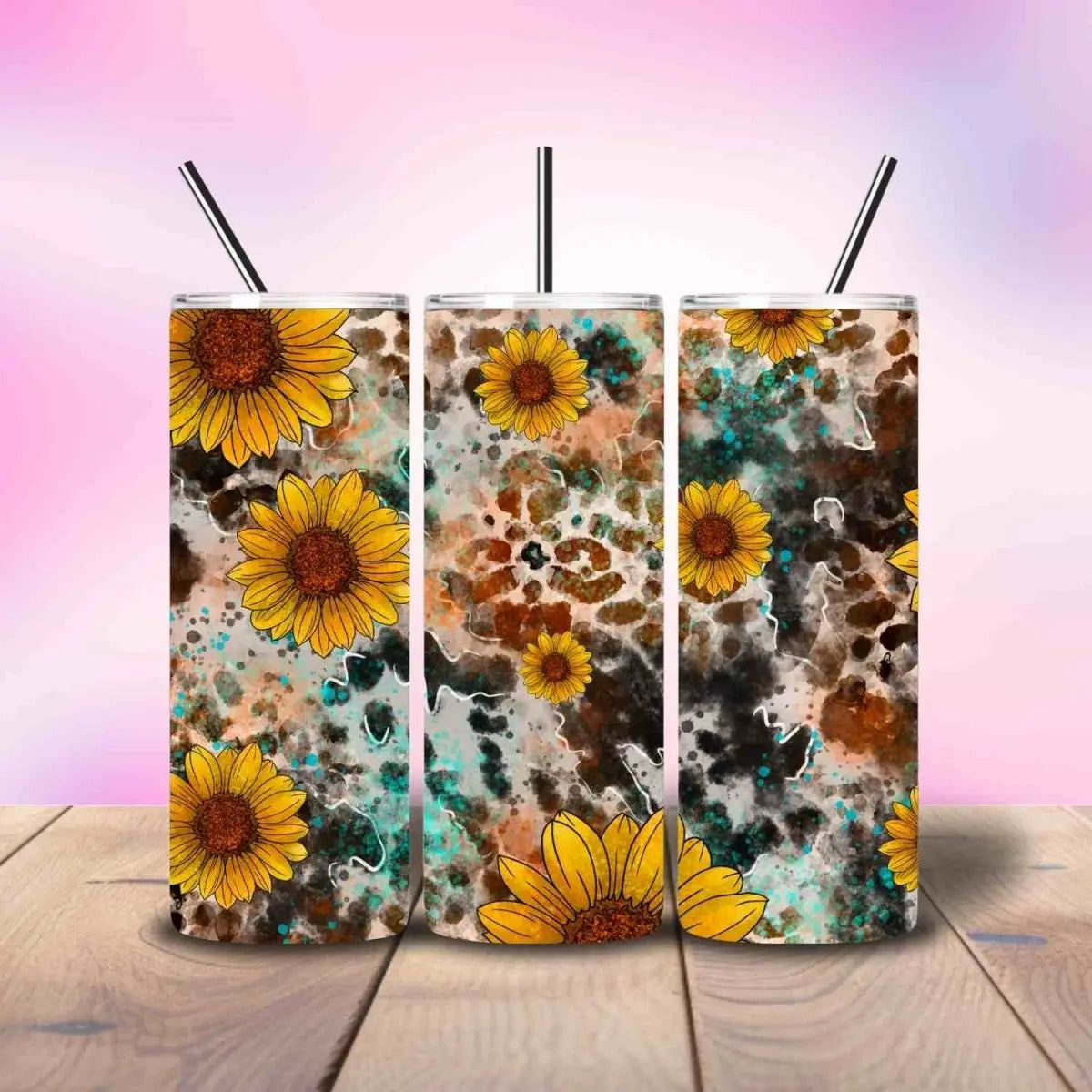 Floral yellow Turquoise Sunflower Cow Print - Fully Completed Tumbler Skinny Straight 20/30oz - Savvy Crafters Vinyl & Gifts