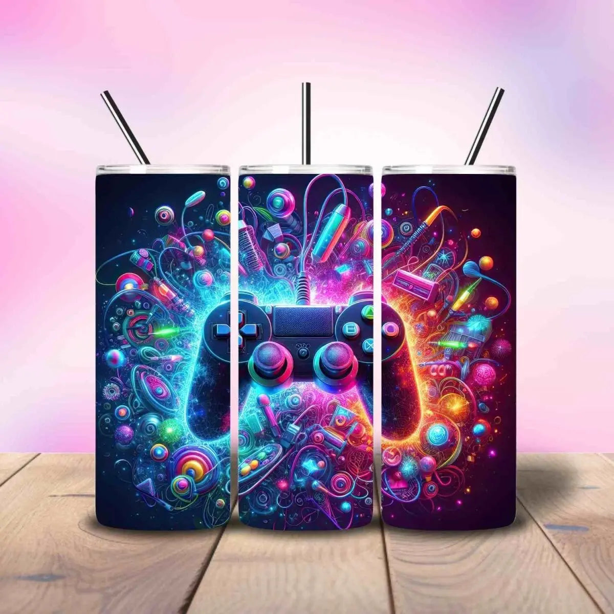 Gamer PlayStation Inspired Controller neon Burst - Fully Completed Tumbler Skinny Straight 20/30oz - Savvy Crafters Vinyl & Gifts