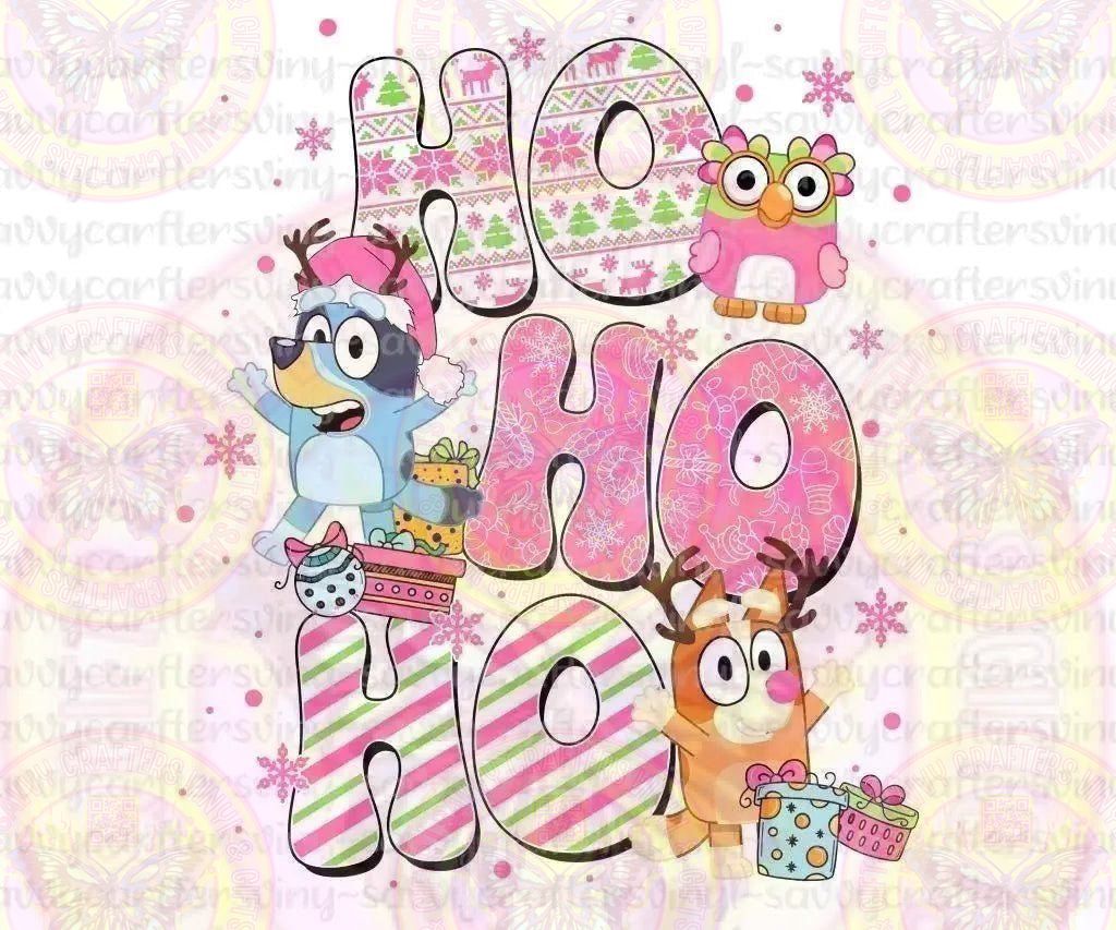Ho Ho Ho Blue and Pink Dog - Savvy Crafters Vinyl & Gifts