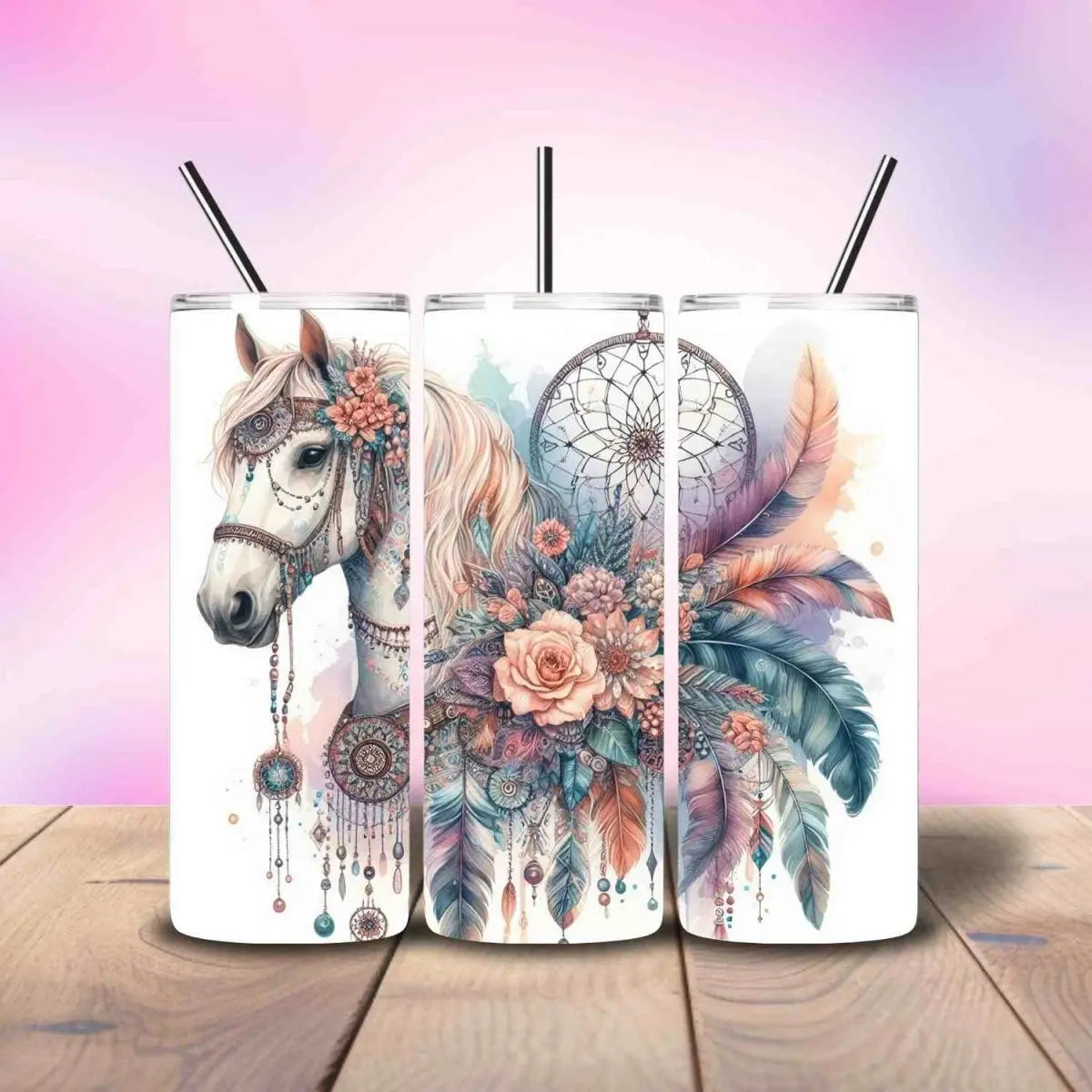 Horse Dreamcatcher Watercolor - Fully Completed Tumbler Skinny Straight 20/30oz - Savvy Crafters Vinyl & Gifts