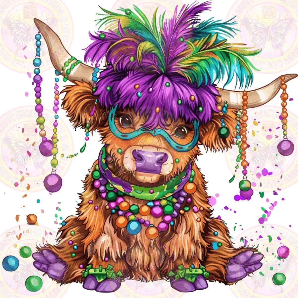 Hyland Cow Mardi Gras Transfer - Savvy Crafters Vinyl & Gifts