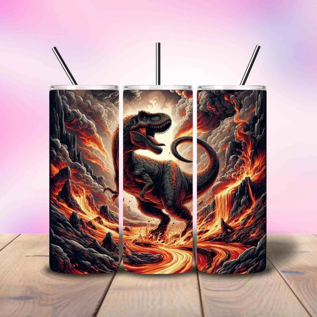 Lava Storm T - rex Explosion - Fully Completed Tumbler Skinny Straight 20/30oz - Savvy Crafters Vinyl & Gifts